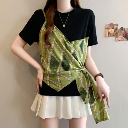 BY15054# 夏季新款大码女时尚气质拼接设计假两件系带收腰显瘦T恤 服裝批發女裝批發服飾貨源