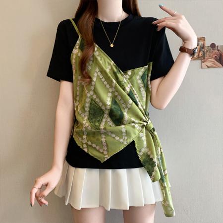 BY15054# 夏季新款大码女时尚气质拼接设计假两件系带收腰显瘦T恤 服裝批發女裝批發服飾貨源