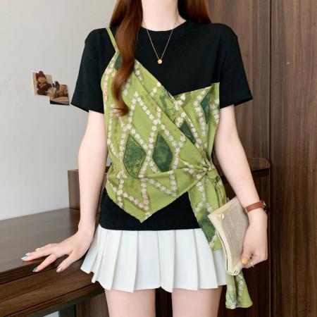 BY15054# 夏季新款大码女时尚气质拼接设计假两件系带收腰显瘦T恤 服裝批發女裝批發服飾貨源