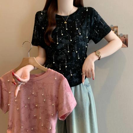 BY15055# 夏季新款大码女装时尚显瘦百搭重工钉珠设计扎染T恤上衣 服裝批發女裝批發服飾貨源