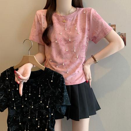 BY15055# 夏季新款大码女装时尚显瘦百搭重工钉珠设计扎染T恤上衣 服裝批發女裝批發服飾貨源