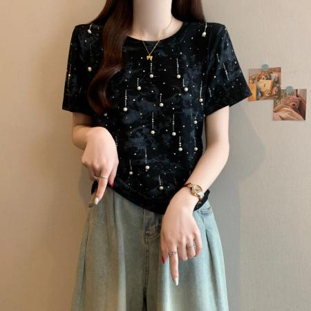 BY15055# 夏季新款大码女装时尚显瘦百搭重工钉珠设计扎染T恤上衣 服裝批發女裝批發服飾貨源
