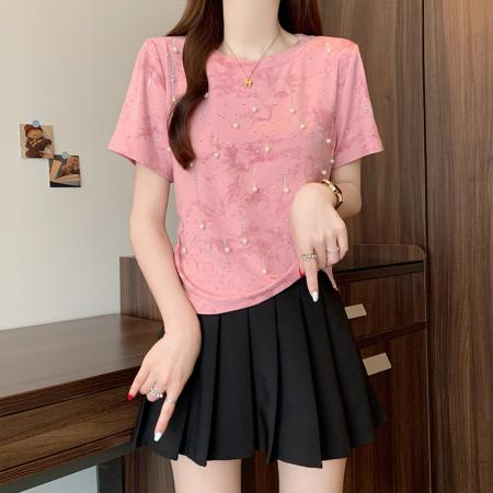 BY15055# 夏季新款大码女装时尚显瘦百搭重工钉珠设计扎染T恤上衣 服裝批發女裝批發服飾貨源