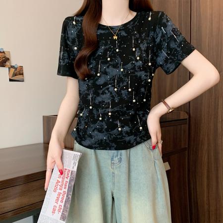 BY15055# 夏季新款大码女装时尚显瘦百搭重工钉珠设计扎染T恤上衣 服裝批發女裝批發服飾貨源