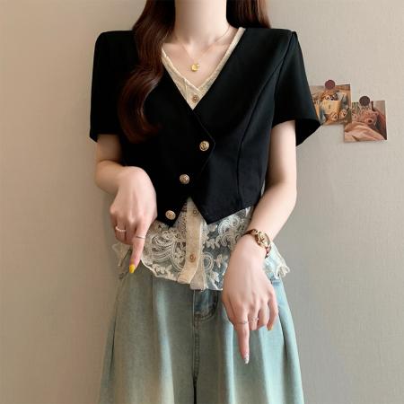 BY15056# 夏季新款大码女装时尚气质显瘦遮肚蕾丝拼接假两件上衣 服裝批發女裝批發服飾貨源