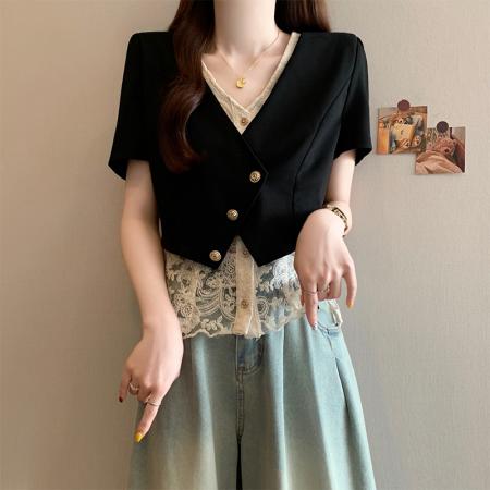 BY15056# 夏季新款大码女装时尚气质显瘦遮肚蕾丝拼接假两件上衣 服裝批發女裝批發服飾貨源