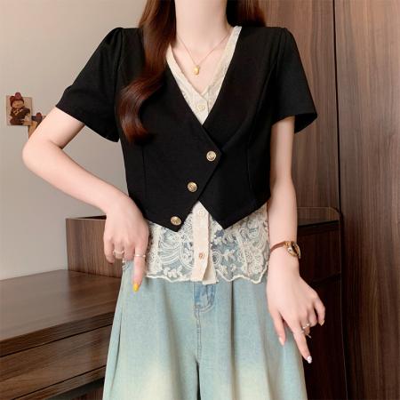 BY15056# 夏季新款大码女装时尚气质显瘦遮肚蕾丝拼接假两件上衣 服裝批發女裝批發服飾貨源