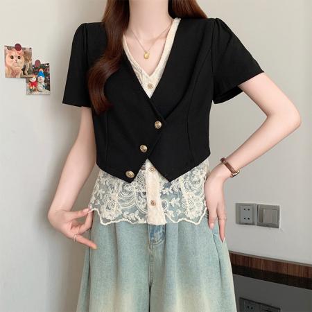 BY15056# 夏季新款大码女装时尚气质显瘦遮肚蕾丝拼接假两件上衣 服裝批發女裝批發服飾貨源