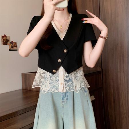 BY15056# 夏季新款大码女装时尚气质显瘦遮肚蕾丝拼接假两件上衣 服裝批發女裝批發服飾貨源