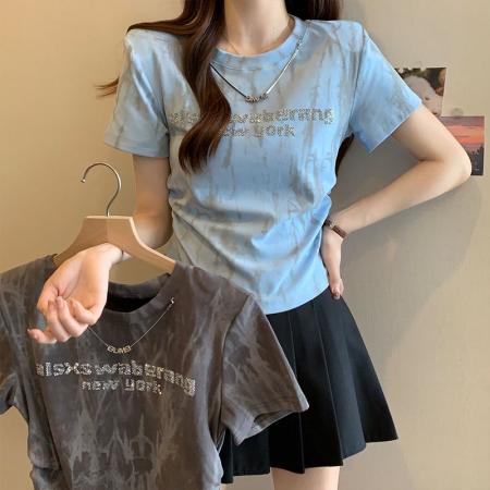 BY15057# 夏季新款大码女装设计感重工烫钻洋气晕染正肩T恤上衣 服裝批發女裝批發服飾貨源