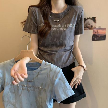 BY15057# 夏季新款大码女装设计感重工烫钻洋气晕染正肩T恤上衣 服裝批發女裝批發服飾貨源