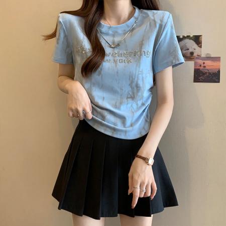 BY15057# 夏季新款大码女装设计感重工烫钻洋气晕染正肩T恤上衣 服裝批發女裝批發服飾貨源