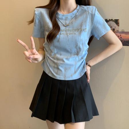 BY15057# 夏季新款大码女装设计感重工烫钻洋气晕染正肩T恤上衣 服裝批發女裝批發服飾貨源