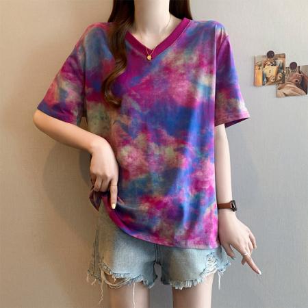 BY15058# 夏季新款大码女装时尚减龄扎染撞色渐变宽松百搭T恤上衣 服裝批發女裝批發服飾貨源