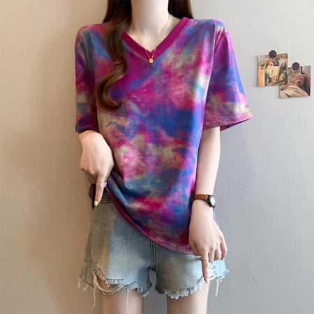 BY15058# 夏季新款大码女装时尚减龄扎染撞色渐变宽松百搭T恤上衣 服裝批發女裝批發服飾貨源