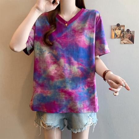 BY15058# 夏季新款大码女装时尚减龄扎染撞色渐变宽松百搭T恤上衣 服裝批發女裝批發服飾貨源