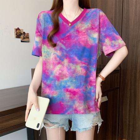 BY15058# 夏季新款大码女装时尚减龄扎染撞色渐变宽松百搭T恤上衣 服裝批發女裝批發服飾貨源