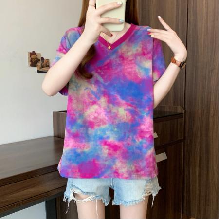 BY15058# 夏季新款大码女装时尚减龄扎染撞色渐变宽松百搭T恤上衣 服裝批發女裝批發服飾貨源