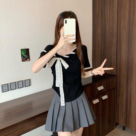 BY15060# 设计感斜肩黑色短袖T恤夏季气质蝴蝶结修身小众上衣 服裝批發女裝批發服飾貨源