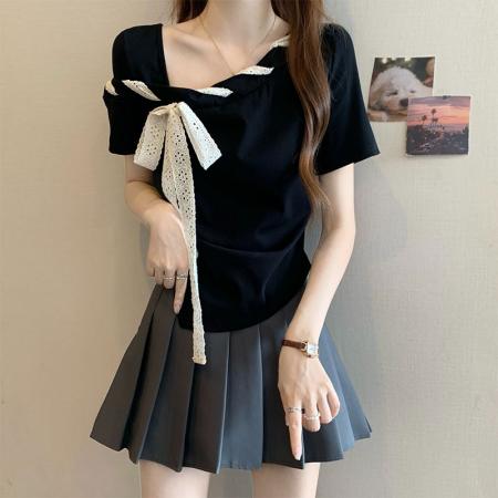 BY15060# 设计感斜肩黑色短袖T恤夏季气质蝴蝶结修身小众上衣 服裝批發女裝批發服飾貨源