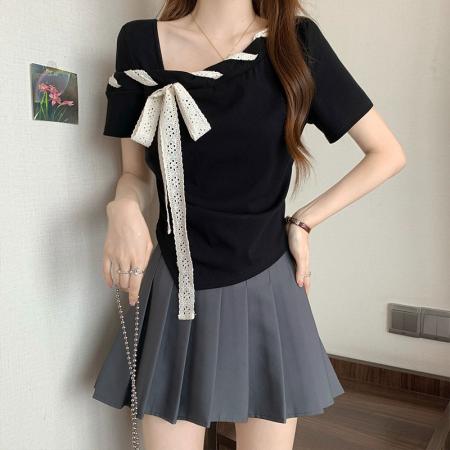 BY15060# 设计感斜肩黑色短袖T恤夏季气质蝴蝶结修身小众上衣 服裝批發女裝批發服飾貨源