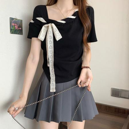 BY15060# 设计感斜肩黑色短袖T恤夏季气质蝴蝶结修身小众上衣 服裝批發女裝批發服飾貨源