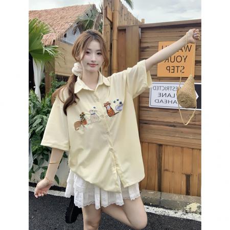 BY15061# 美式复古趣味猫咪刺绣衬衫女夏季新款百搭情侣休闲五分袖上衣 服裝批發女裝批發服飾貨源