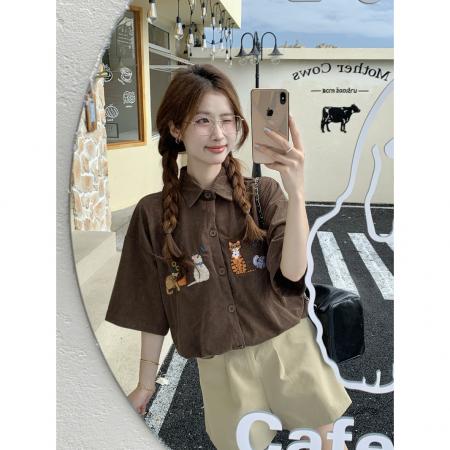 BY15061# 美式复古趣味猫咪刺绣衬衫女夏季新款百搭情侣休闲五分袖上衣 服裝批發女裝批發服飾貨源