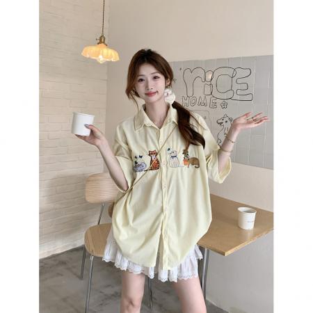 BY15061# 美式复古趣味猫咪刺绣衬衫女夏季新款百搭情侣休闲五分袖上衣 服裝批發女裝批發服飾貨源