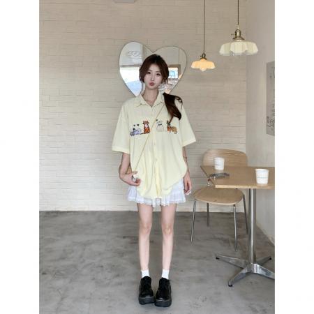BY15061# 美式复古趣味猫咪刺绣衬衫女夏季新款百搭情侣休闲五分袖上衣 服裝批發女裝批發服飾貨源