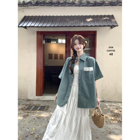 BY15062# 做旧复古蓝绿色牛仔短袖衬衫女装夏季新款别致设计感宽松上衣 服裝批發女裝批發服飾貨源