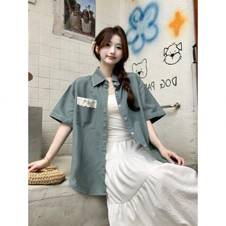 BY15062# 做旧复古蓝绿色牛仔短袖衬衫女装夏季新款别致设计感宽松上衣 服裝批發女裝批發服飾貨源