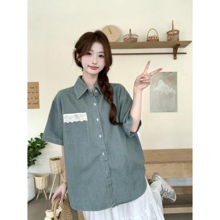 BY15062# 做旧复古蓝绿色牛仔短袖衬衫女装夏季新款别致设计感宽松上衣 服裝批發女裝批發服飾貨源