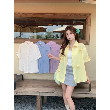 BY15063# 韩系甜美立体蝴蝶结短袖衬衫女装夏季新款别致设计感小众上衣 服裝批發女裝批發服飾貨源
