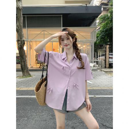 BY15063# 韩系甜美立体蝴蝶结短袖衬衫女装夏季新款别致设计感小众上衣 服裝批發女裝批發服飾貨源