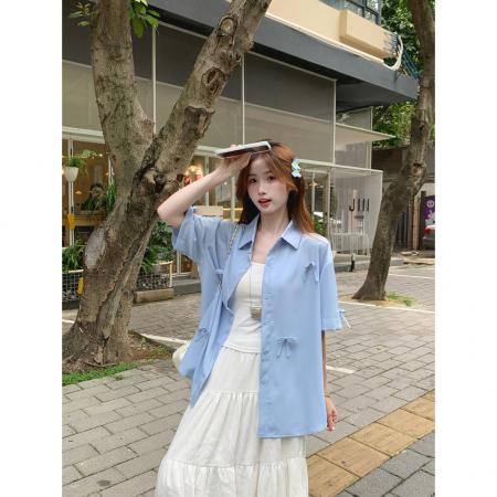 BY15063# 韩系甜美立体蝴蝶结短袖衬衫女装夏季新款别致设计感小众上衣 服裝批發女裝批發服飾貨源