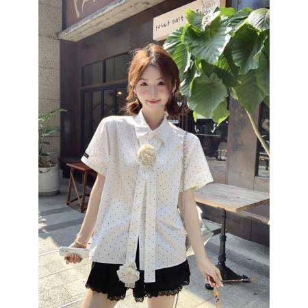 BY15064# 法式气质波点印花个性飘带短袖衬衫女夏季新款设计感宽松上衣 服裝批發女裝批發服飾貨源