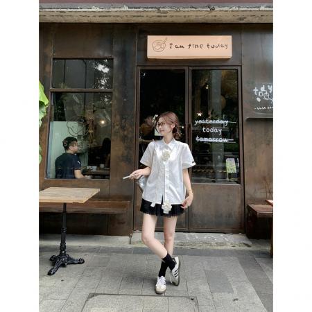 BY15064# 法式气质波点印花个性飘带短袖衬衫女夏季新款设计感宽松上衣 服裝批發女裝批發服飾貨源