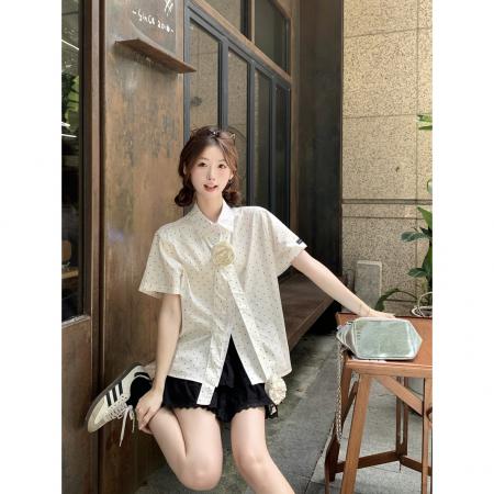 BY15064# 法式气质波点印花个性飘带短袖衬衫女夏季新款设计感宽松上衣 服裝批發女裝批發服飾貨源