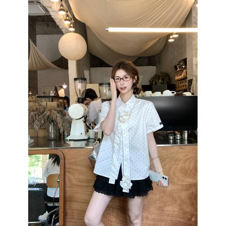 BY15064# 法式气质波点印花个性飘带短袖衬衫女夏季新款设计感宽松上衣 服裝批發女裝批發服飾貨源