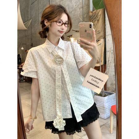 BY15064# 法式气质波点印花个性飘带短袖衬衫女夏季新款设计感宽松上衣 服裝批發女裝批發服飾貨源