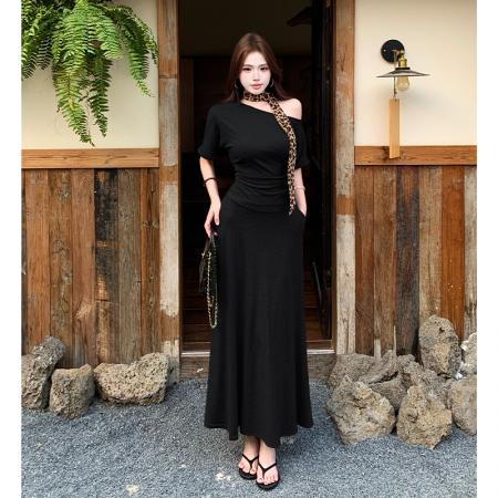 BY15070# 夏季新款法式慵懒高级感气质斜肩上衣+半身裙+飘带时尚三件套 服裝批發女裝批發服飾貨源