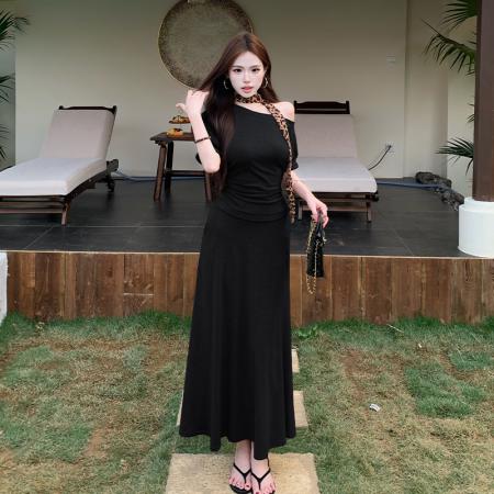 BY15070# 夏季新款法式慵懒高级感气质斜肩上衣+半身裙+飘带时尚三件套 服裝批發女裝批發服飾貨源