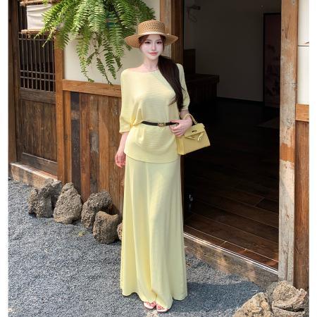 BY15072# 夏季新复古温柔斜肩短袖上衣高腰半身裙老钱风曲珠针织三件套 服裝批發女裝批發服飾貨源