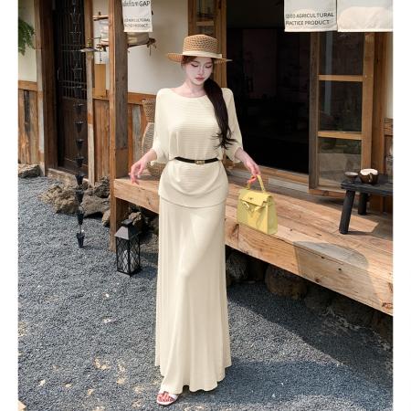 BY15072# 夏季新复古温柔斜肩短袖上衣高腰半身裙老钱风曲珠针织三件套 服裝批發女裝批發服飾貨源