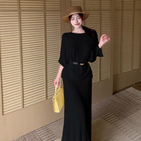 BY15072# 夏季新复古温柔斜肩短袖上衣高腰半身裙老钱风曲珠针织三件套 服裝批發女裝批發服飾貨源