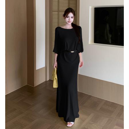 BY15072# 夏季新复古温柔斜肩短袖上衣高腰半身裙老钱风曲珠针织三件套 服裝批發女裝批發服飾貨源