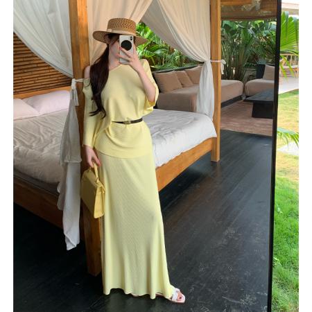 BY15072# 夏季新复古温柔斜肩短袖上衣高腰半身裙老钱风曲珠针织三件套 服裝批發女裝批發服飾貨源