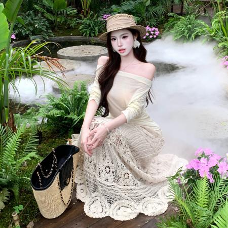 BY15073# 法式复古浪漫设计感度假风防晒上衣重工钩花半身长裙时尚两件套夏 服裝批發女裝批發服飾貨源