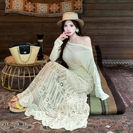 BY15073# 法式复古浪漫设计感度假风防晒上衣重工钩花半身长裙时尚两件套夏 服裝批發女裝批發服飾貨源